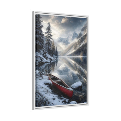 Side Mockup 10. Nature Winter Lake Red Canoe Winter shown as stretched canvas wall art