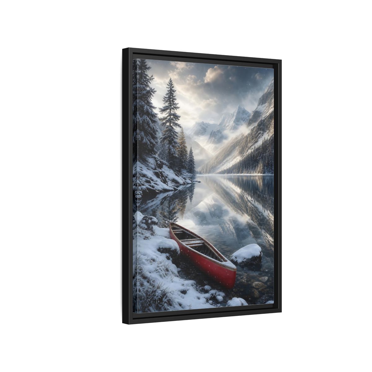 Side Mockup 3. Nature Winter Lake Red Canoe Winter shown as stretched canvas wall art