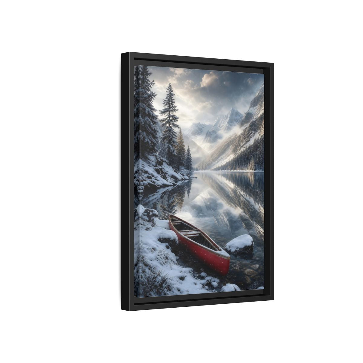 Side Mockup 6. Nature Winter Lake Red Canoe Winter shown as stretched canvas wall art