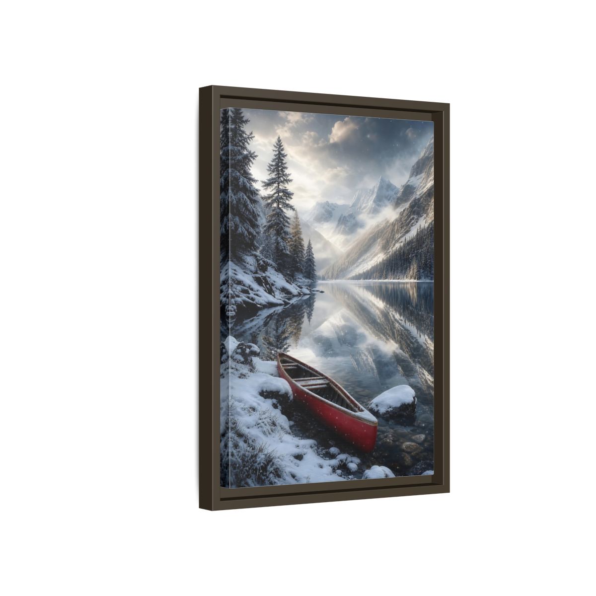 Side Mockup 5. Nature Winter Lake Red Canoe Winter shown as stretched canvas wall art