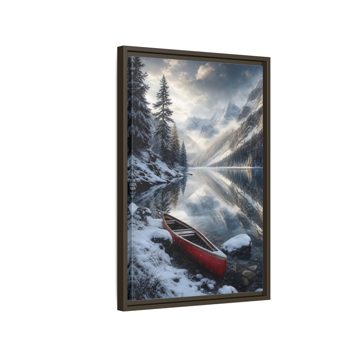 Side Mockup 2. Nature Winter Lake Red Canoe Winter shown as stretched canvas wall art