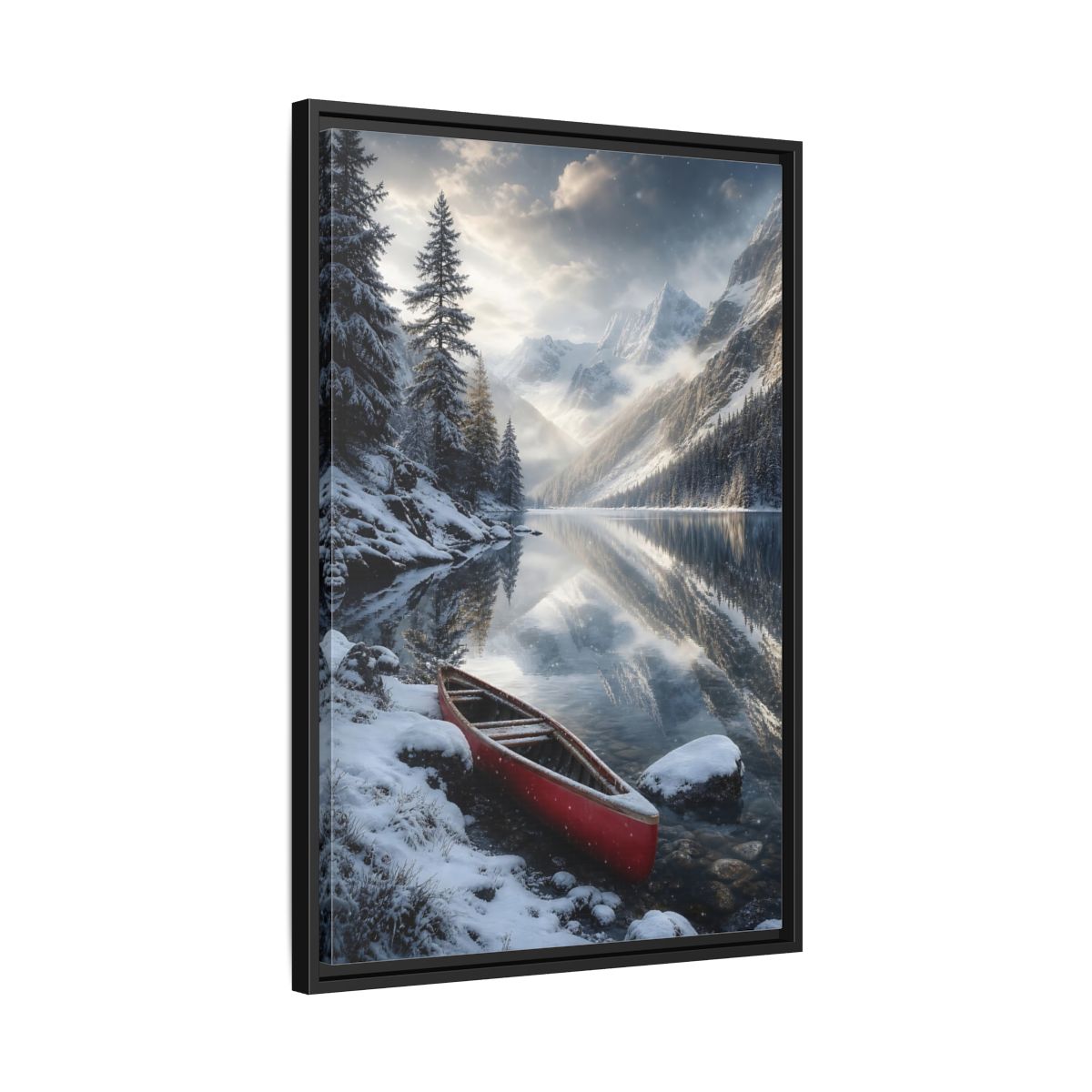 Side Mockup 14. Nature Winter Lake Red Canoe Winter shown as stretched canvas wall art
