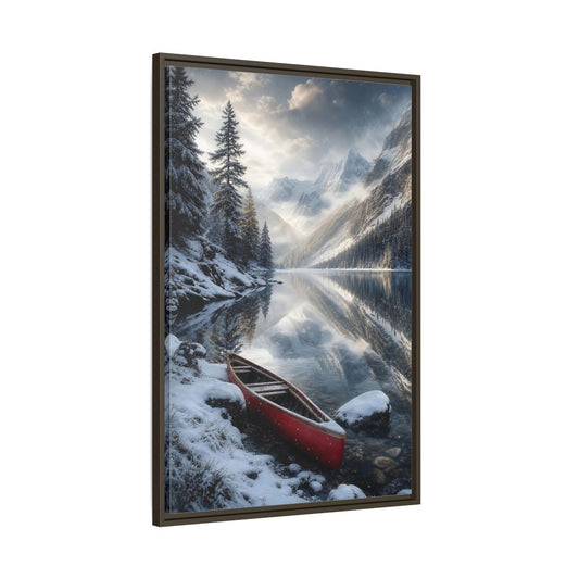 Main Mockup. Nature Winter Lake Red Canoe Winter shown as stretched canvas wall art