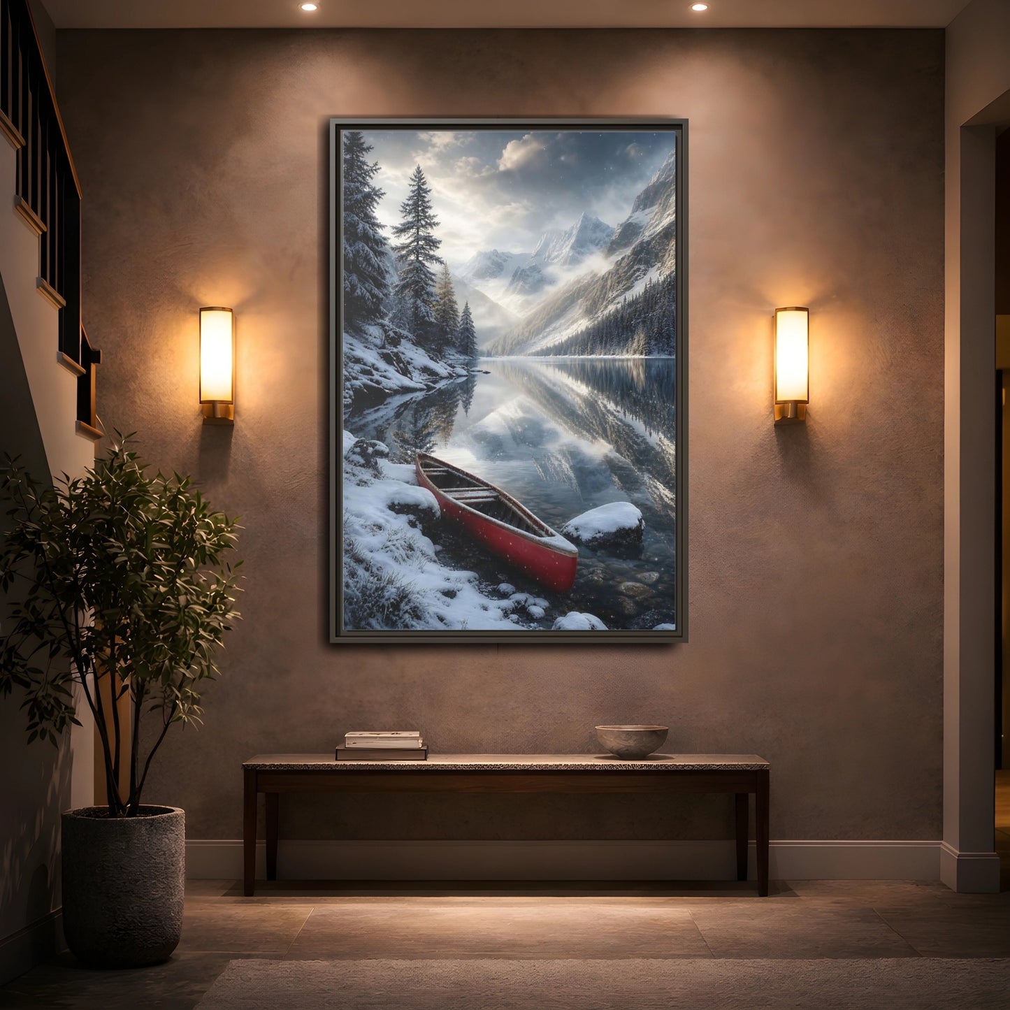 Mockup 2. Nature Winter Lake Red Canoe Winter shown as stretched canvas wall art