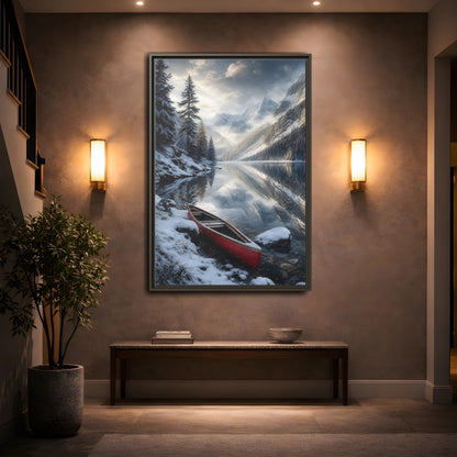 Mockup 2. Nature Winter Lake Red Canoe Winter shown as stretched canvas wall art