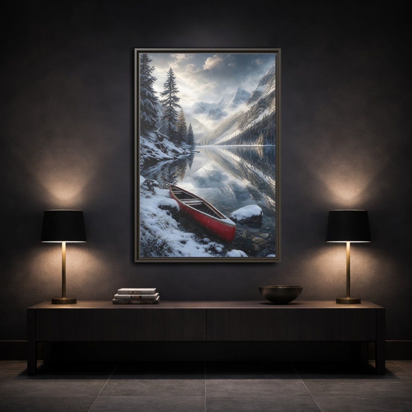 Mockup 3. Nature Winter Lake Red Canoe Winter shown as stretched canvas wall art