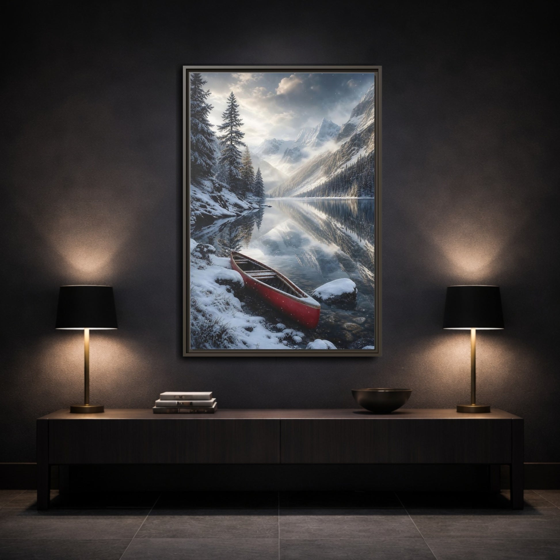 Mockup 3. Nature Winter Lake Red Canoe Winter shown as stretched canvas wall art