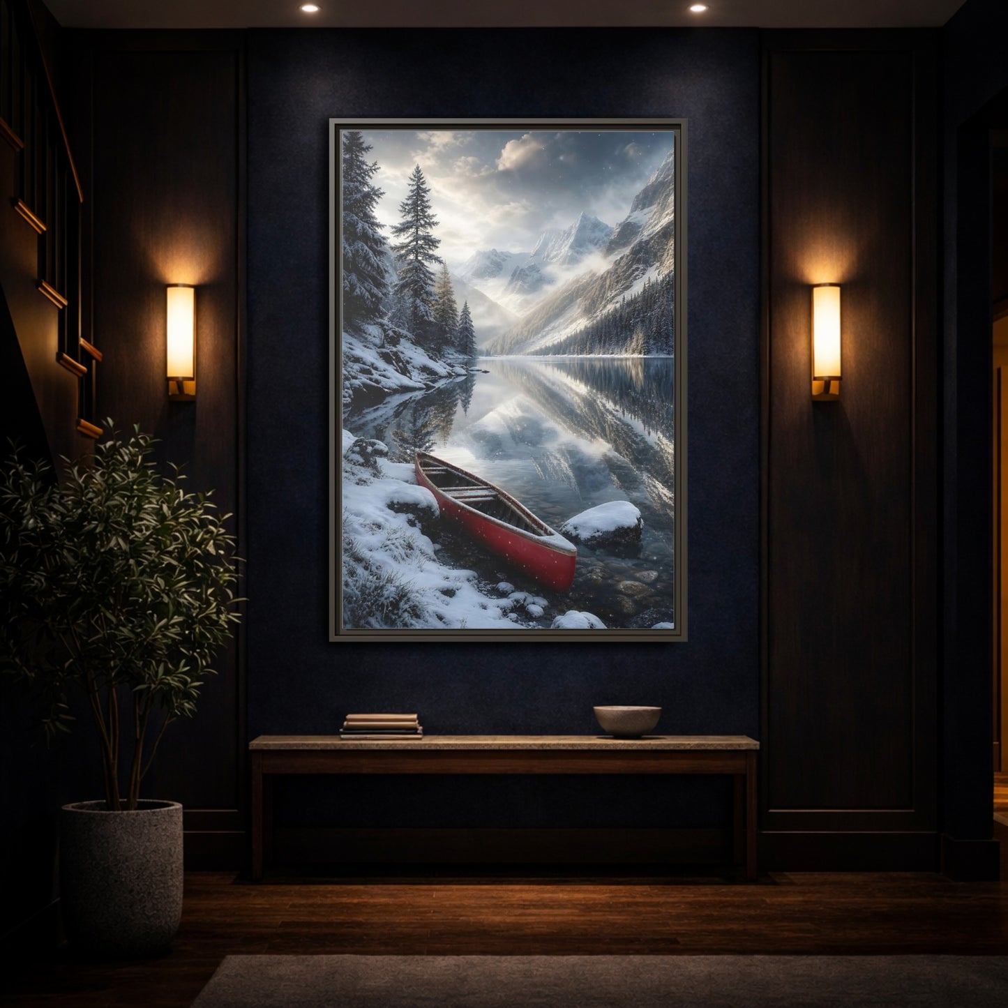 Mockup 4. Nature Winter Lake Red Canoe Winter shown as stretched canvas wall art