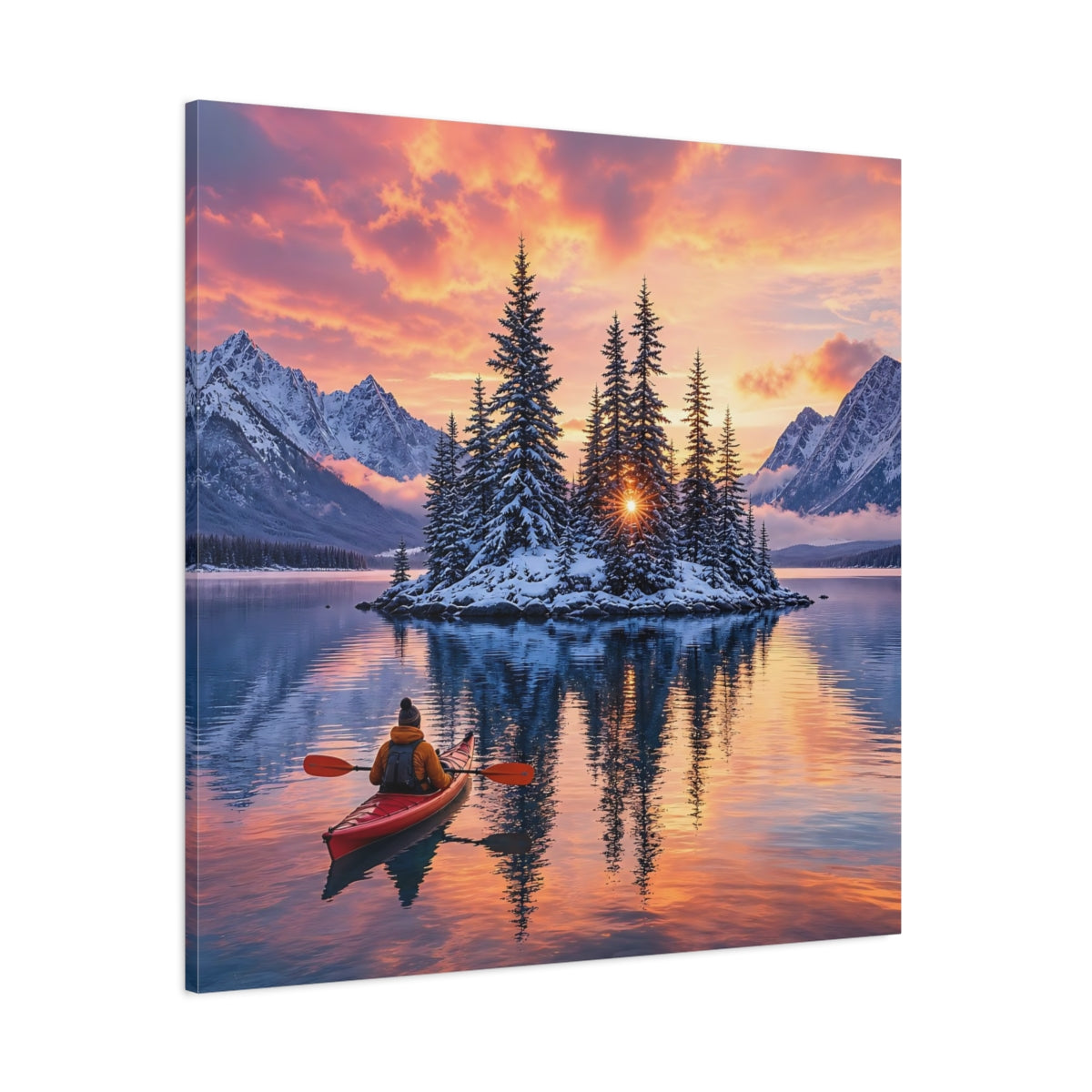 Side Mockup 1. Nature Winter Landscape Winter Lake Sunset shown as stretched canvas wall art