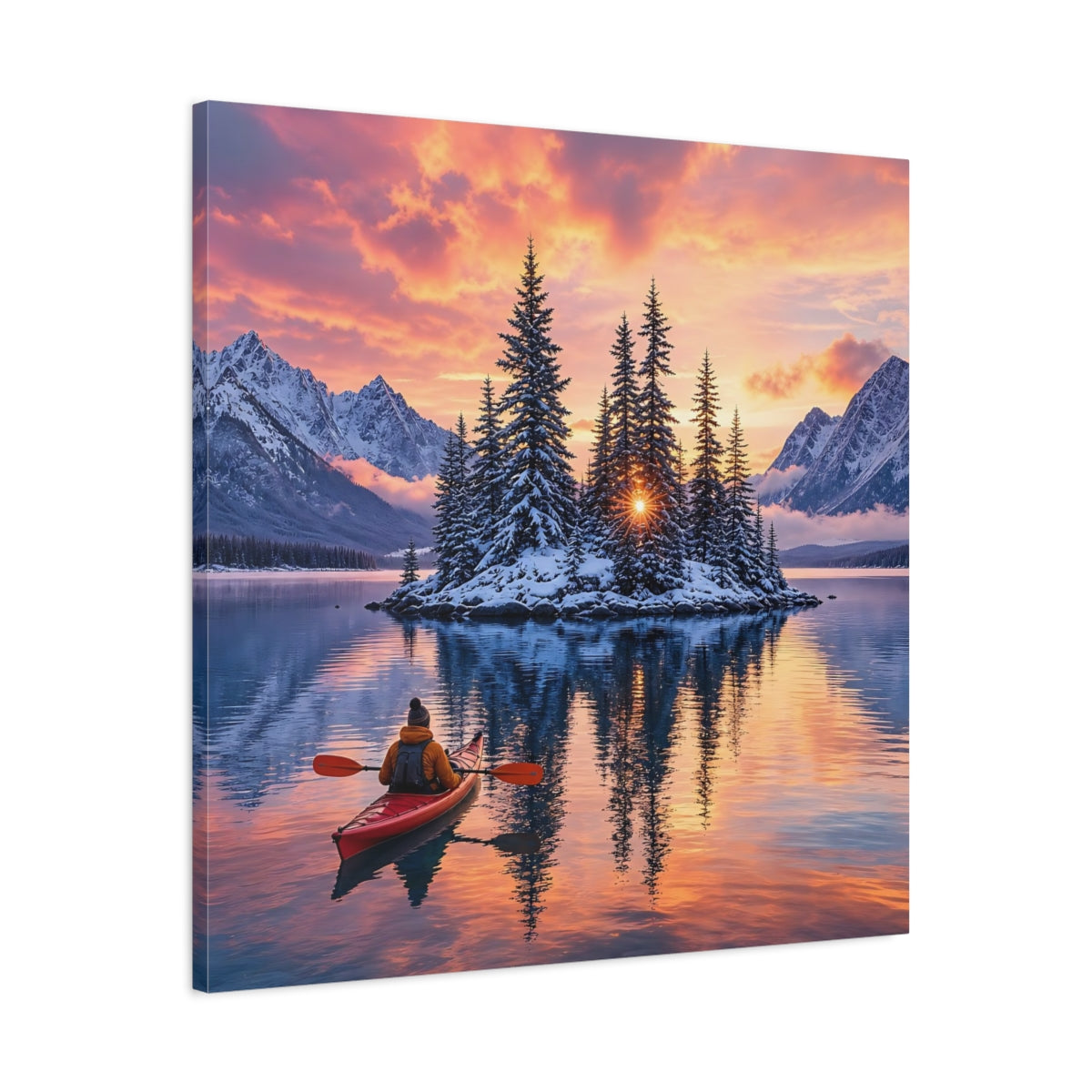 Side Mockup 3. Nature Winter Landscape Winter Lake Sunset shown as stretched canvas wall art