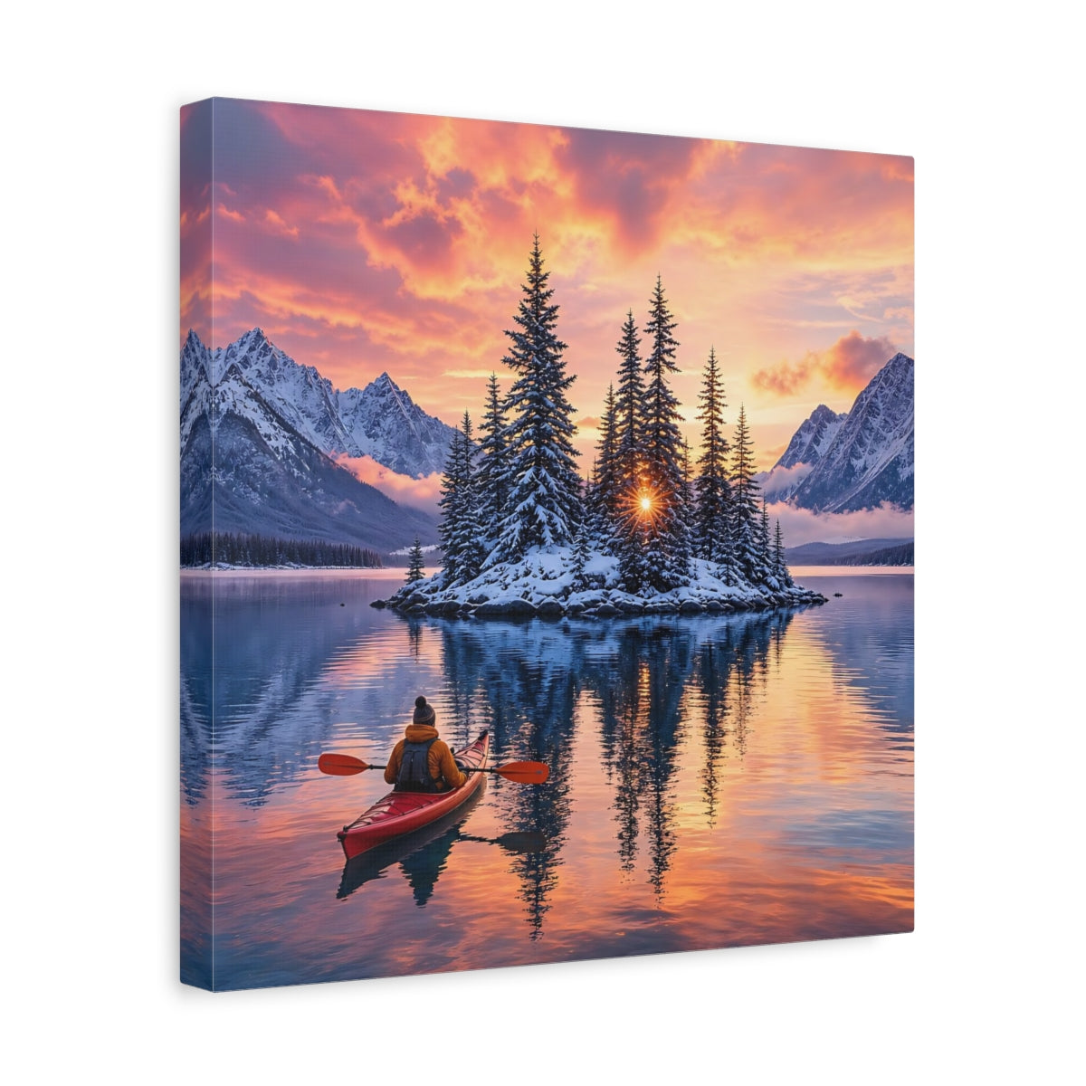 Side Mockup 7. Nature Winter Landscape Winter Lake Sunset shown as stretched canvas wall art