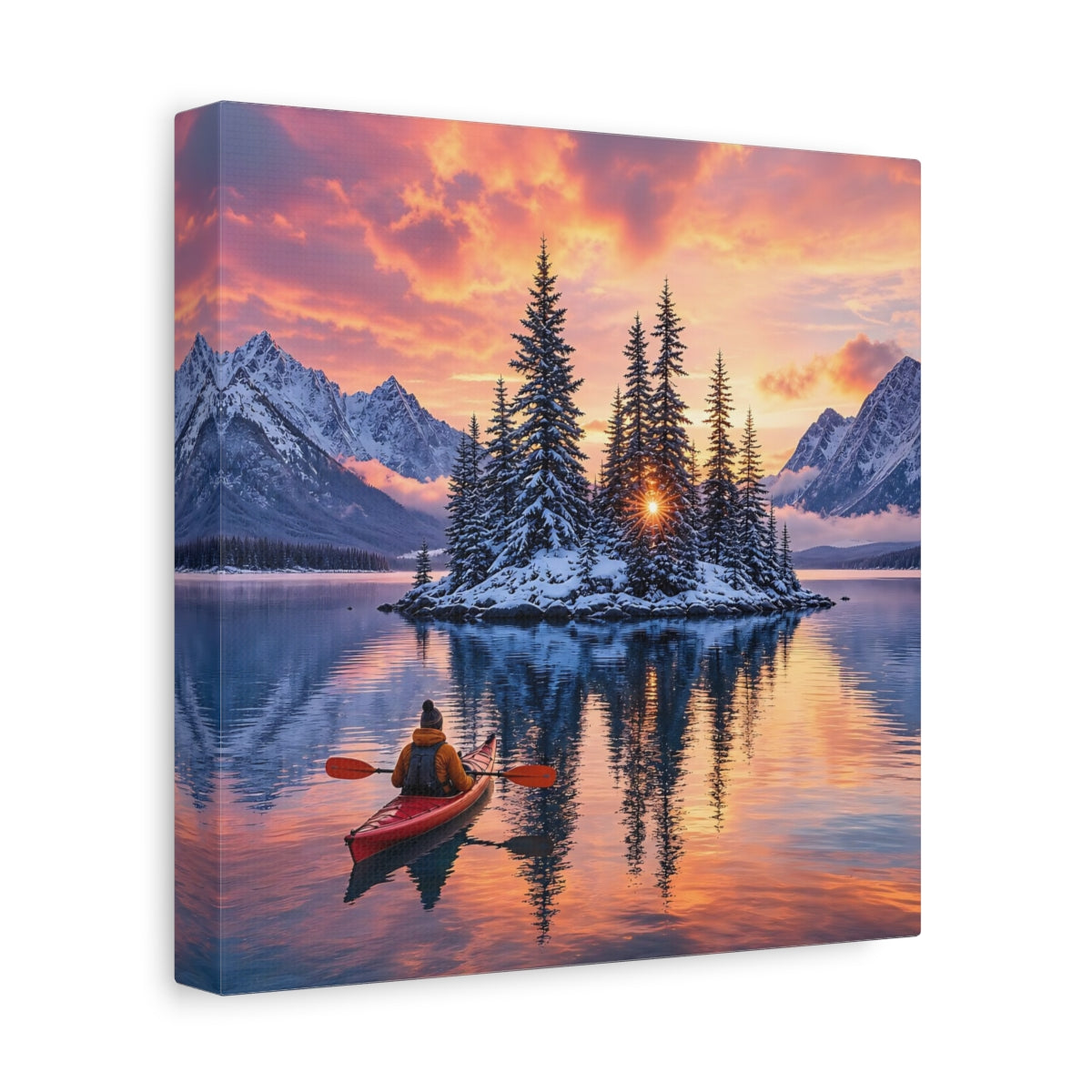 Side Mockup 9. Nature Winter Landscape Winter Lake Sunset shown as stretched canvas wall art
