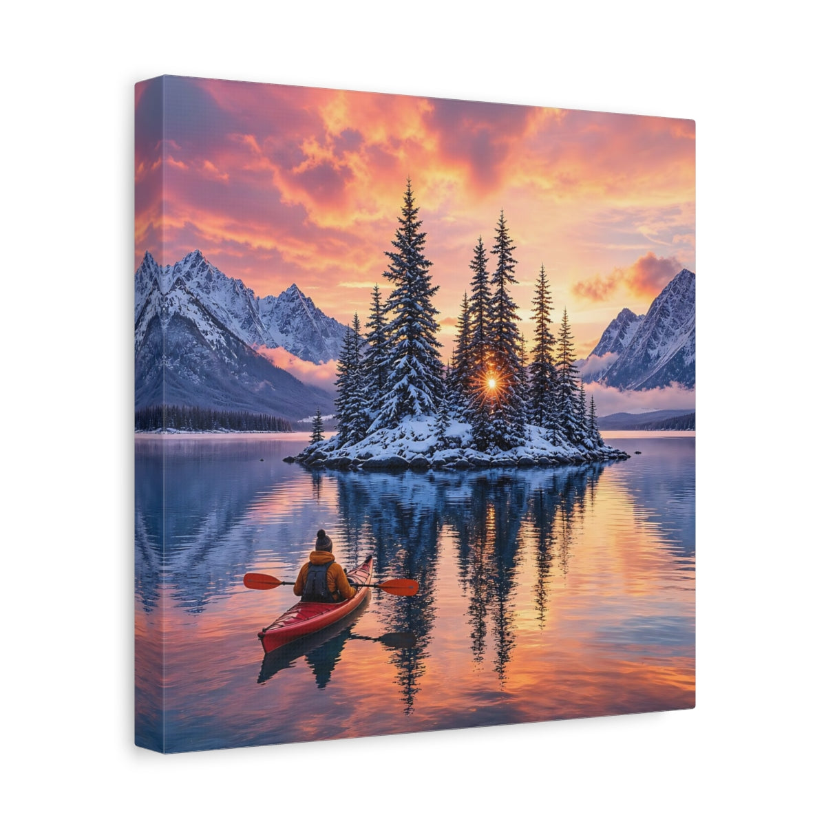 Side Mockup 8. Nature Winter Landscape Winter Lake Sunset shown as stretched canvas wall art