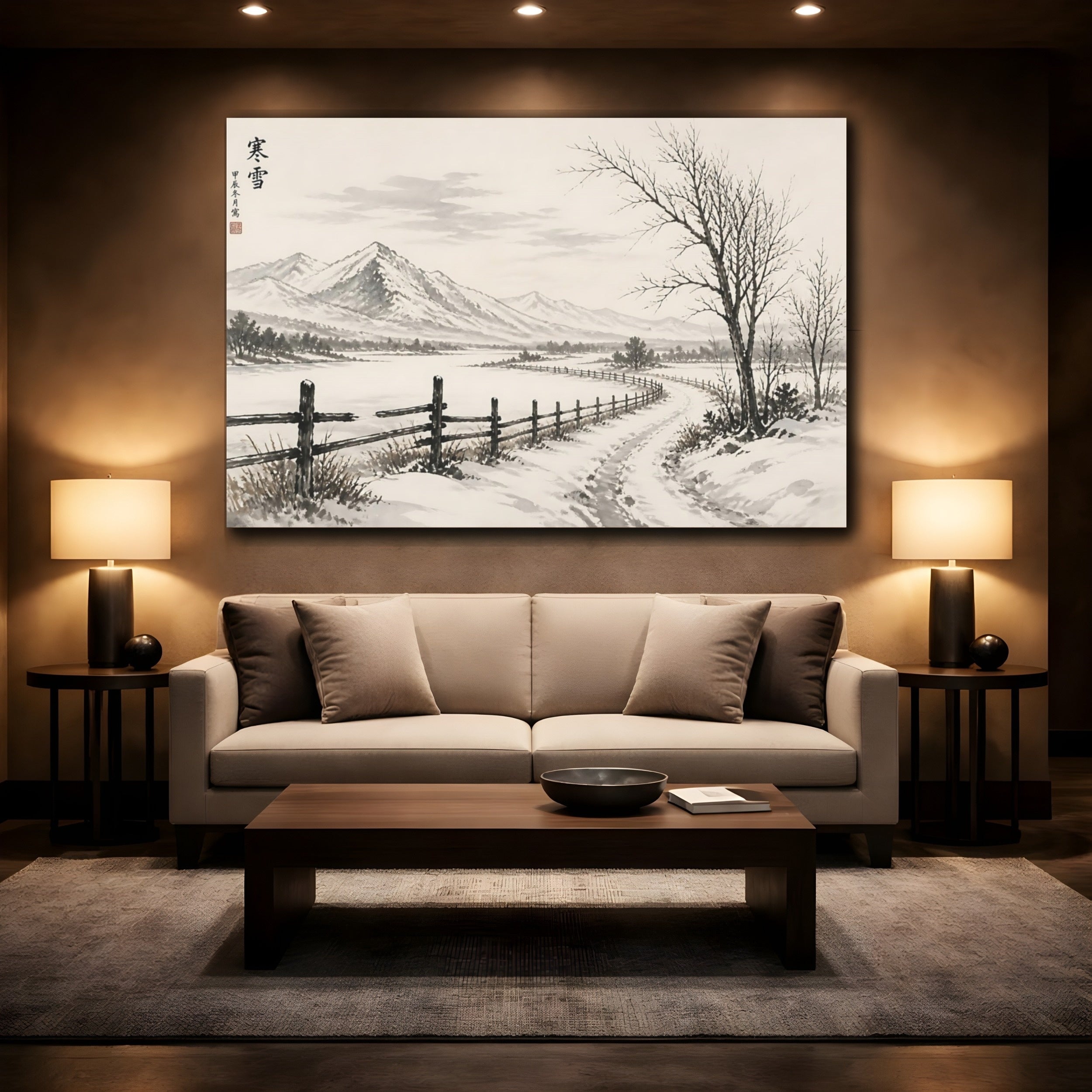 Mockup 2. Nature Winter Landscape Monochrome Winter shown as stretched canvas wall art