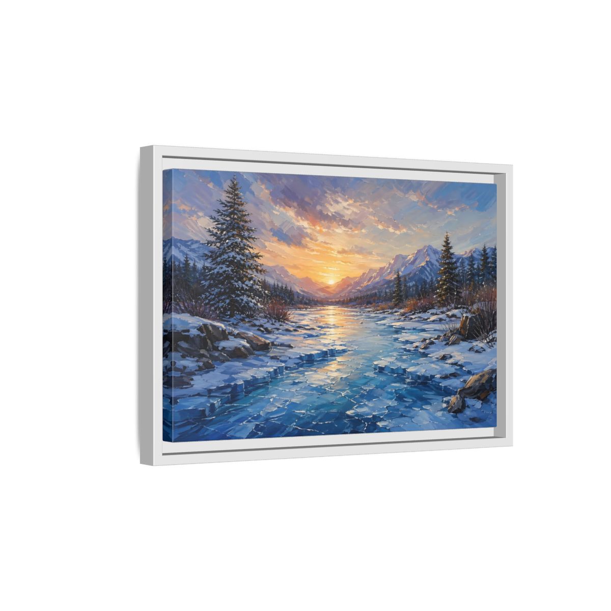 Side Mockup 4. Nature Winter Landscape Winter Mountain Sunset shown as stretched canvas wall art