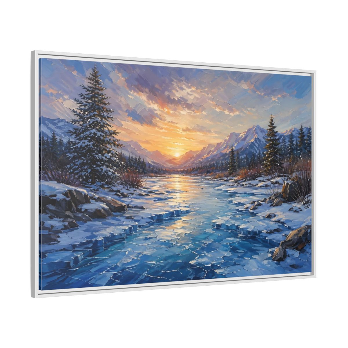 Side Mockup 7. Nature Winter Landscape Winter Mountain Sunset shown as stretched canvas wall art