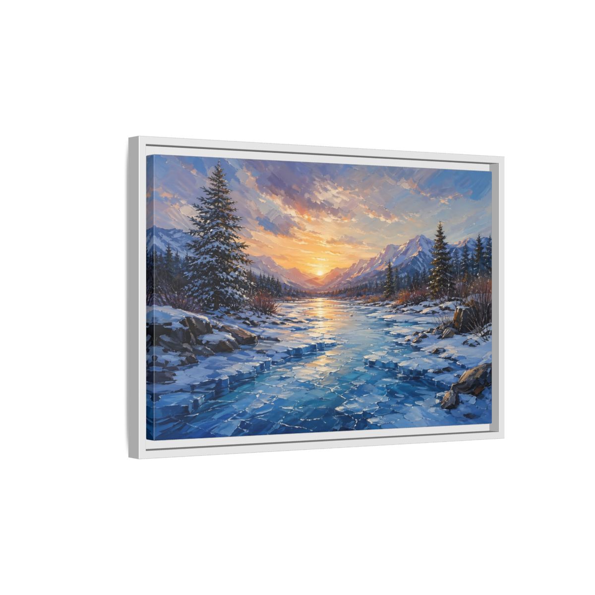 Side Mockup 1. Nature Winter Landscape Winter Mountain Sunset shown as stretched canvas wall art