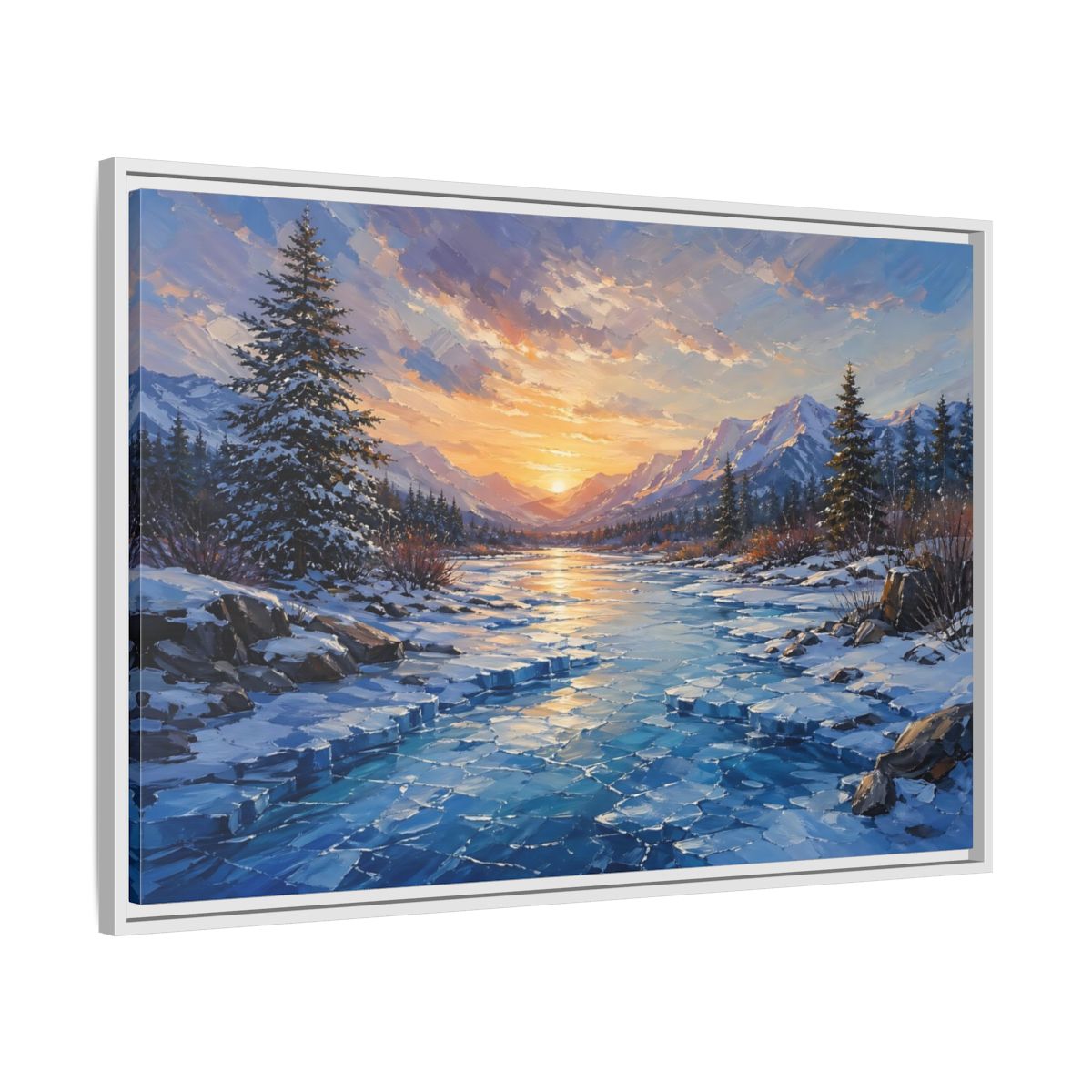 Side Mockup 9. Nature Winter Landscape Winter Mountain Sunset shown as stretched canvas wall art