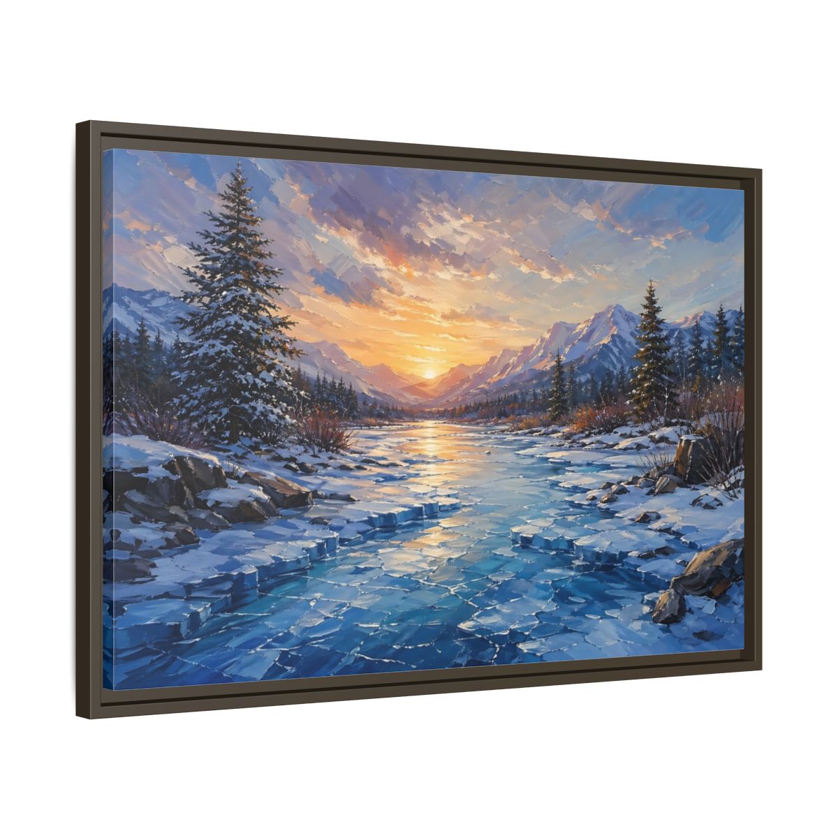 Side Mockup 11. Nature Winter Landscape Winter Mountain Sunset shown as stretched canvas wall art