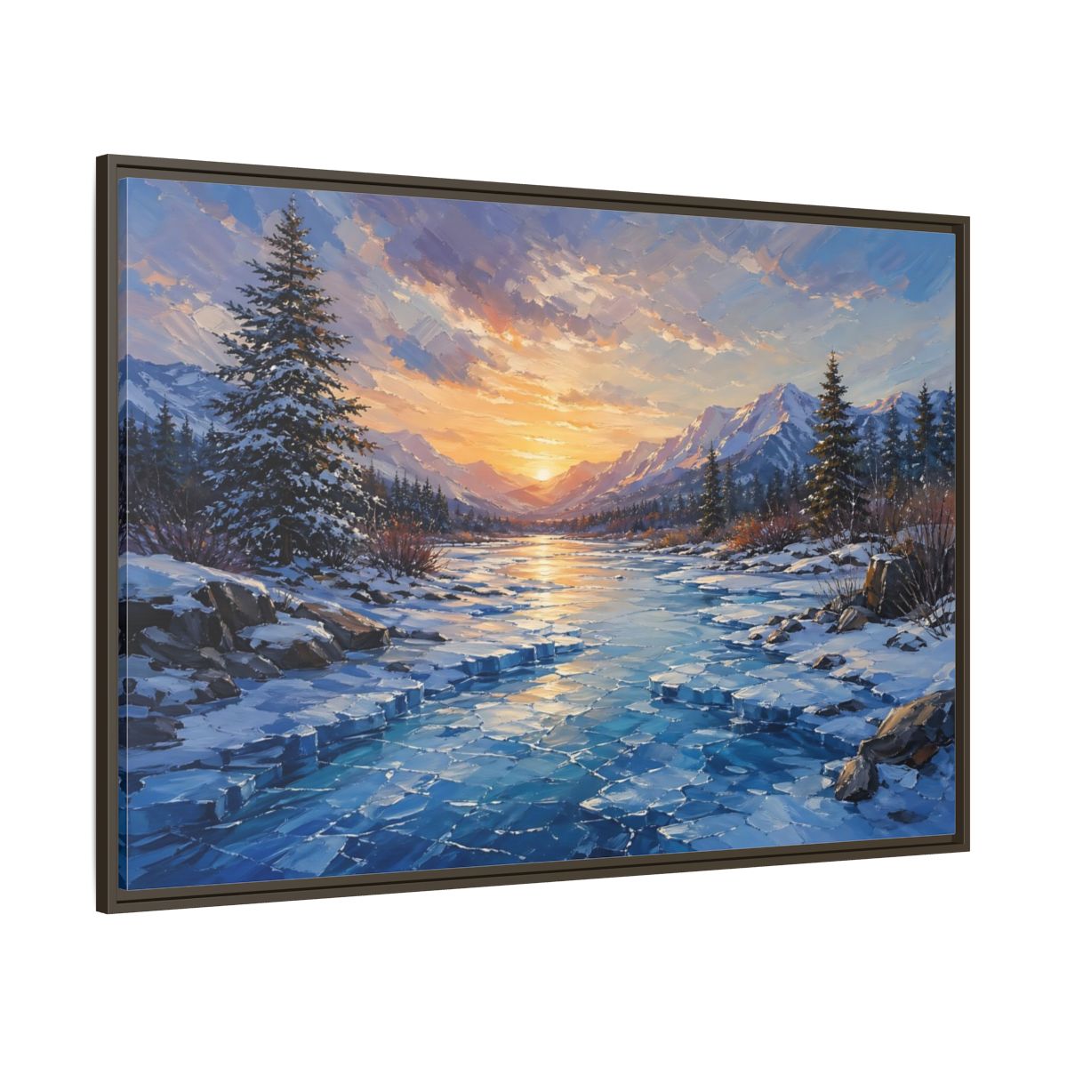 Side Mockup 8. Nature Winter Landscape Winter Mountain Sunset shown as stretched canvas wall art