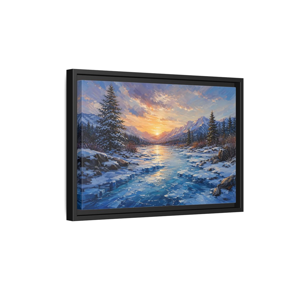 Side Mockup 6. Nature Winter Landscape Winter Mountain Sunset shown as stretched canvas wall art