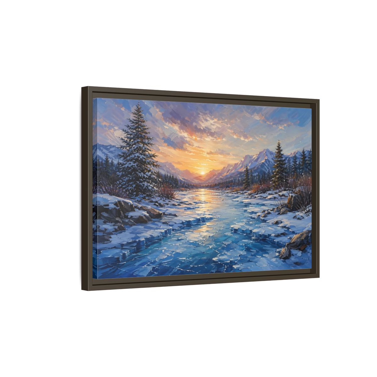 Side Mockup 2. Nature Winter Landscape Winter Mountain Sunset shown as stretched canvas wall art