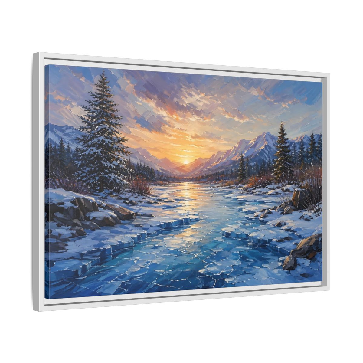Side Mockup 10. Nature Winter Landscape Winter Mountain Sunset shown as stretched canvas wall art