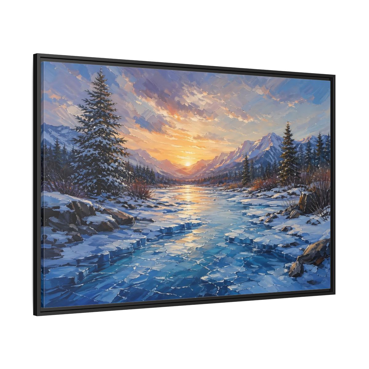 Side Mockup 12. Nature Winter Landscape Winter Mountain Sunset shown as stretched canvas wall art