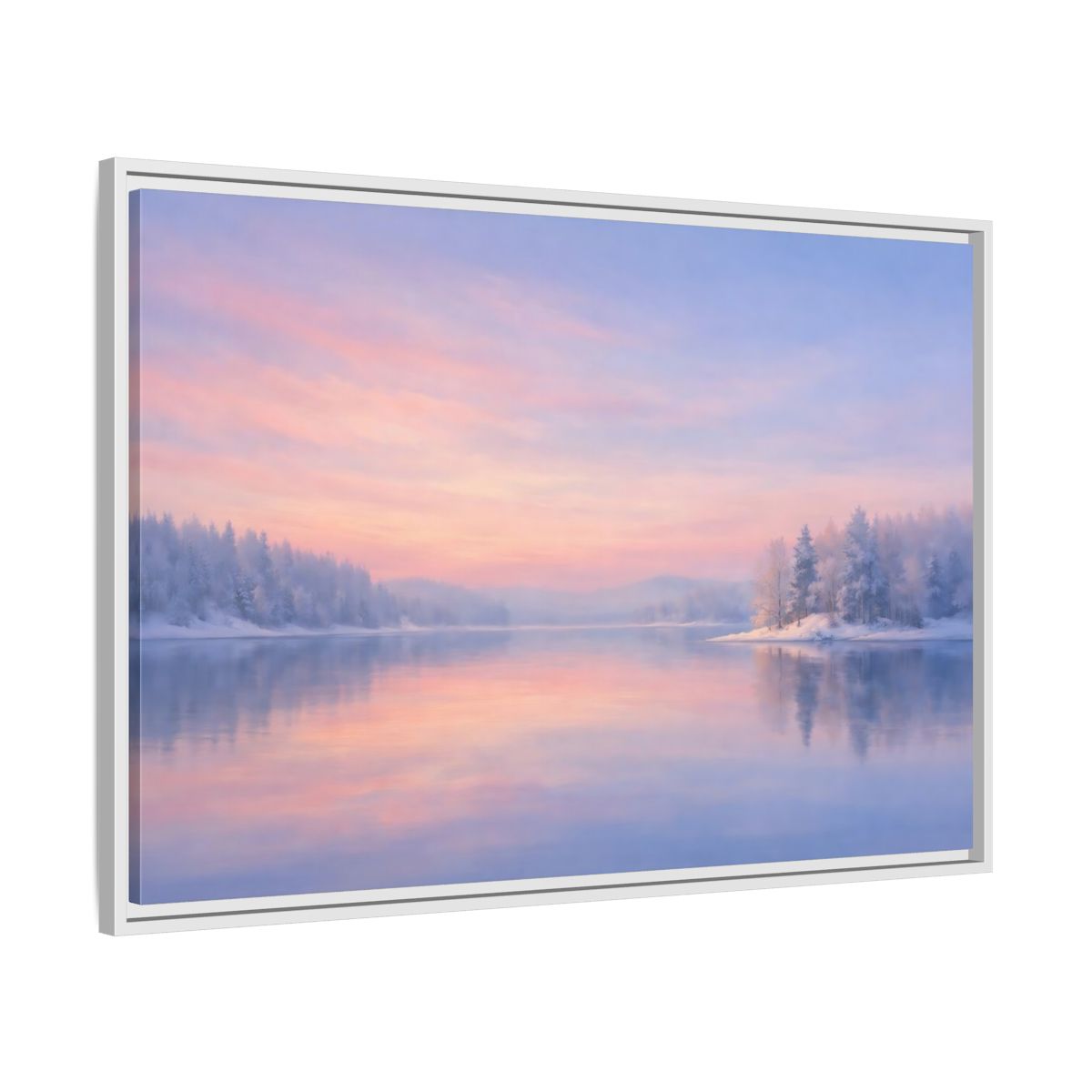 Side Mockup 9. Nature Winter Landscape Pink And Blue shown as stretched canvas wall art