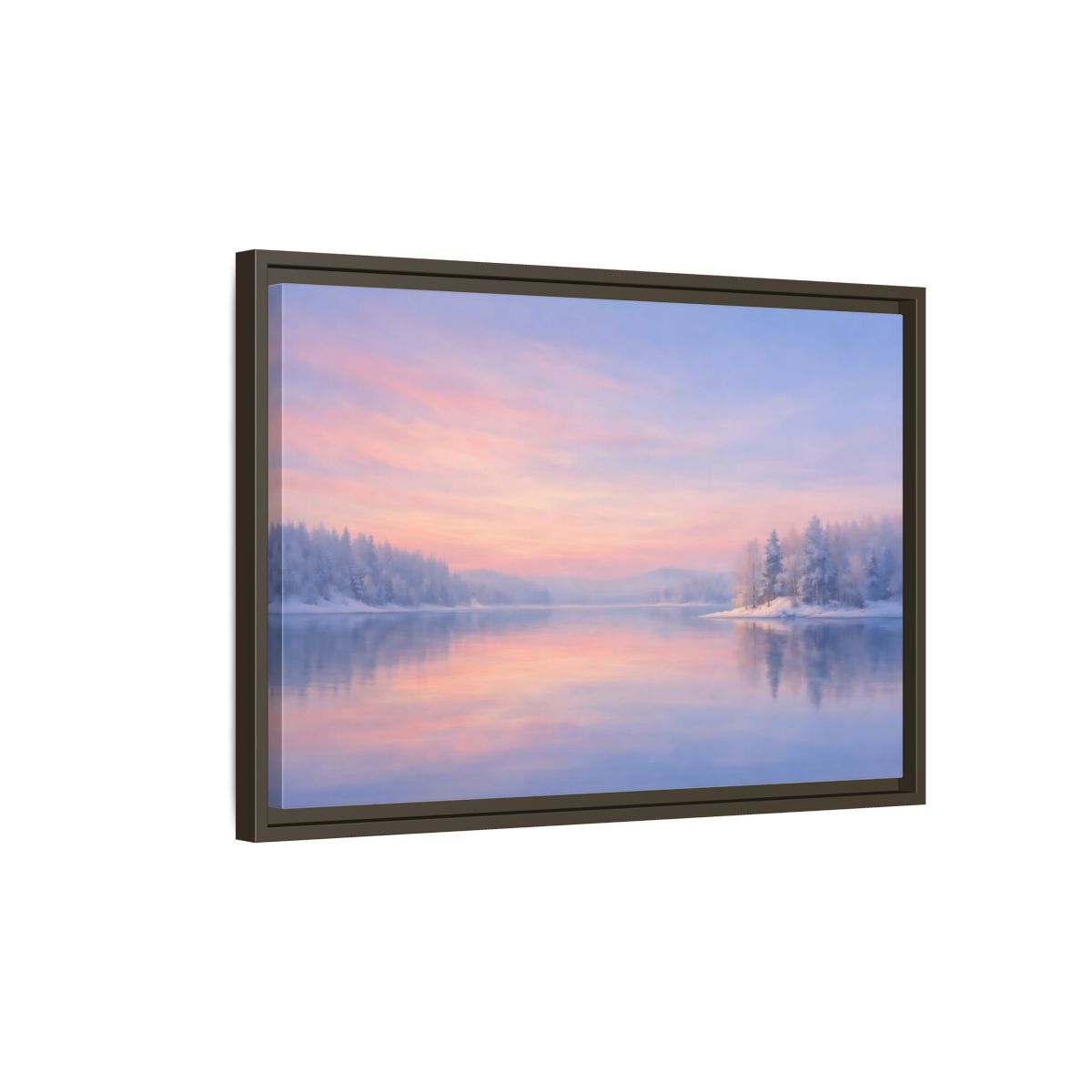 Side Mockup 2. Nature Winter Landscape Pink And Blue shown as stretched canvas wall art
