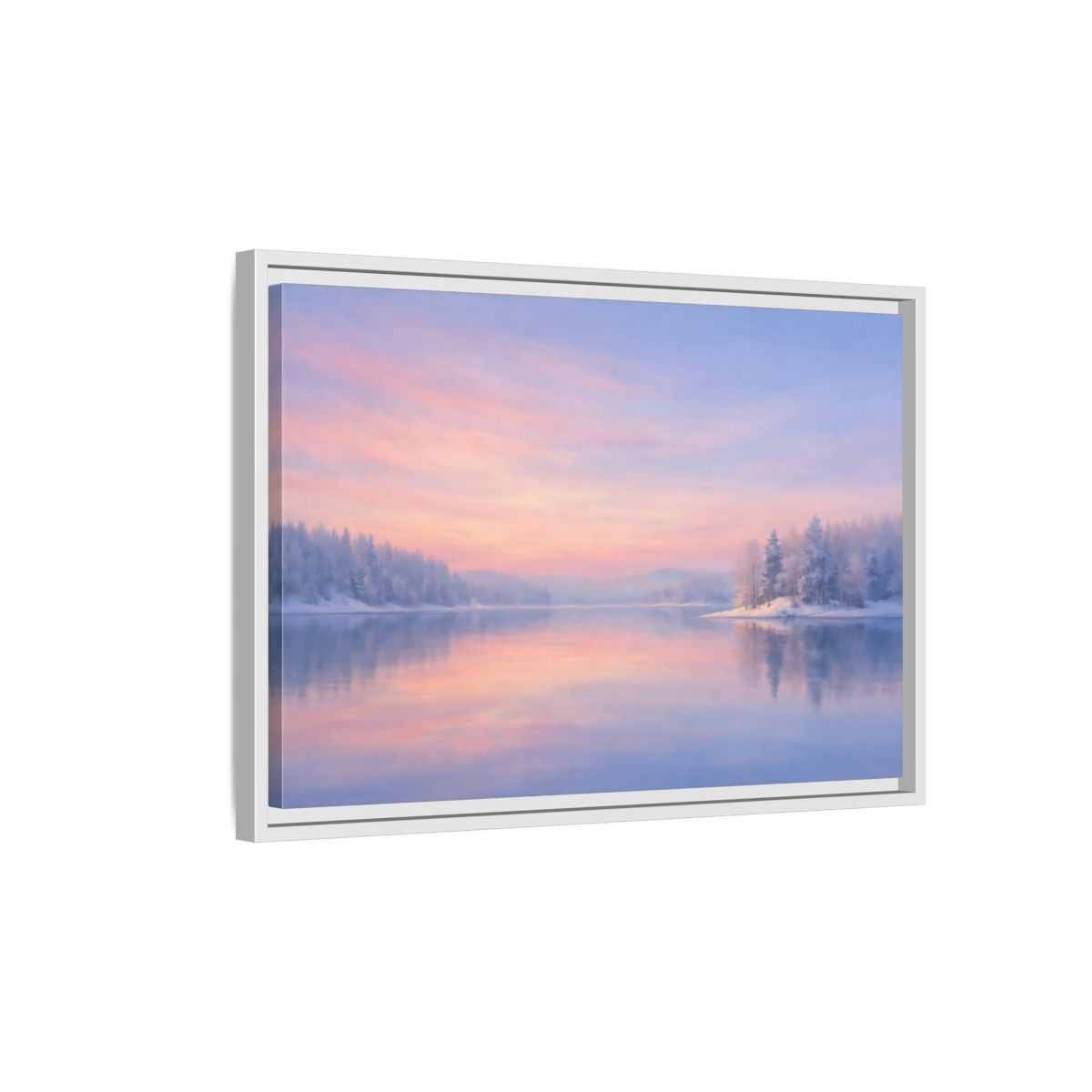 Side Mockup 1. Nature Winter Landscape Pink And Blue shown as stretched canvas wall art