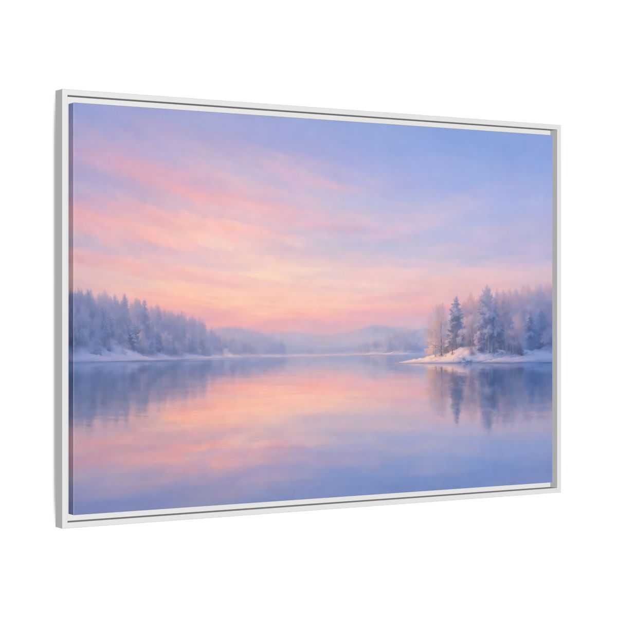 Side Mockup 7. Nature Winter Landscape Pink And Blue shown as stretched canvas wall art