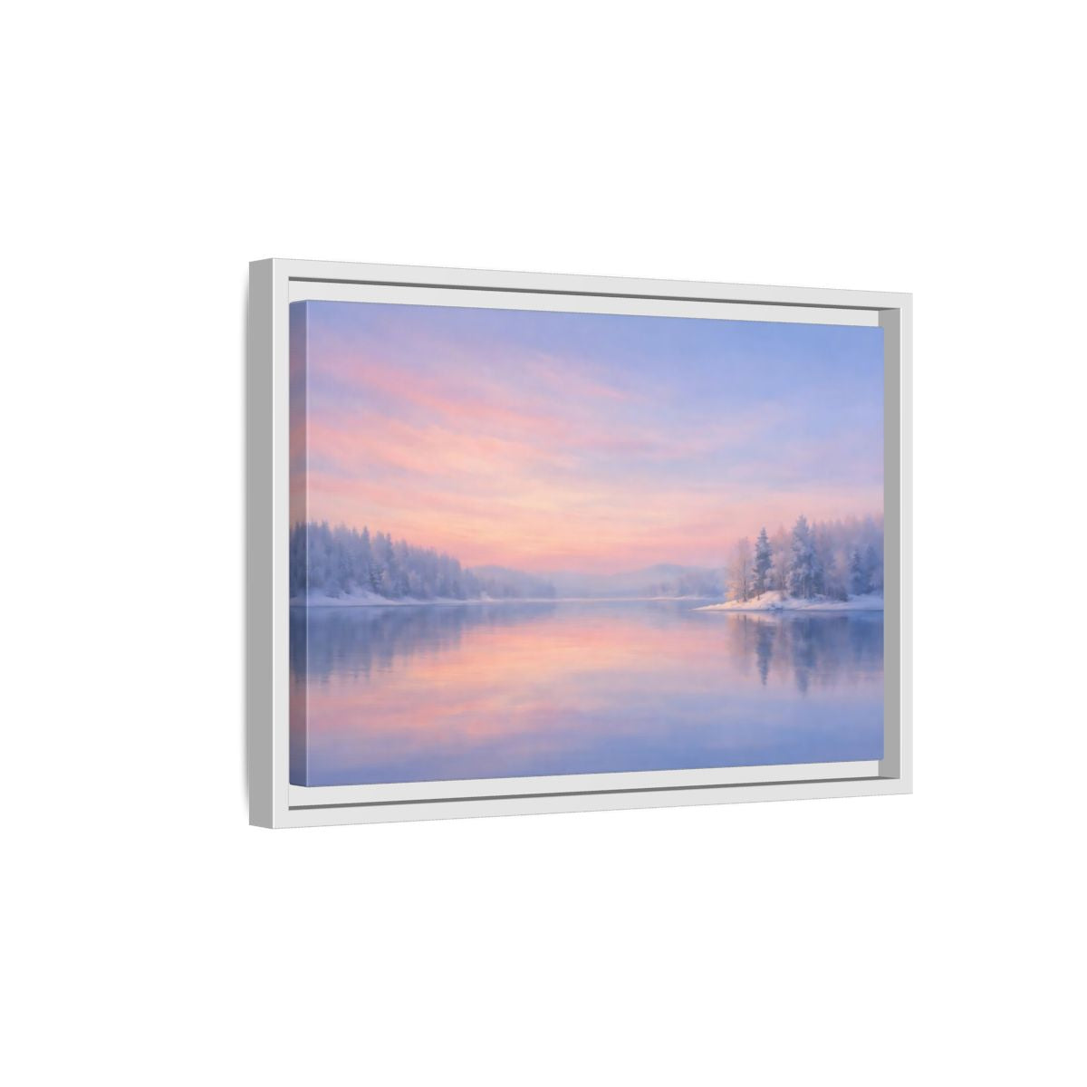 Side Mockup 4. Nature Winter Landscape Pink And Blue shown as stretched canvas wall art