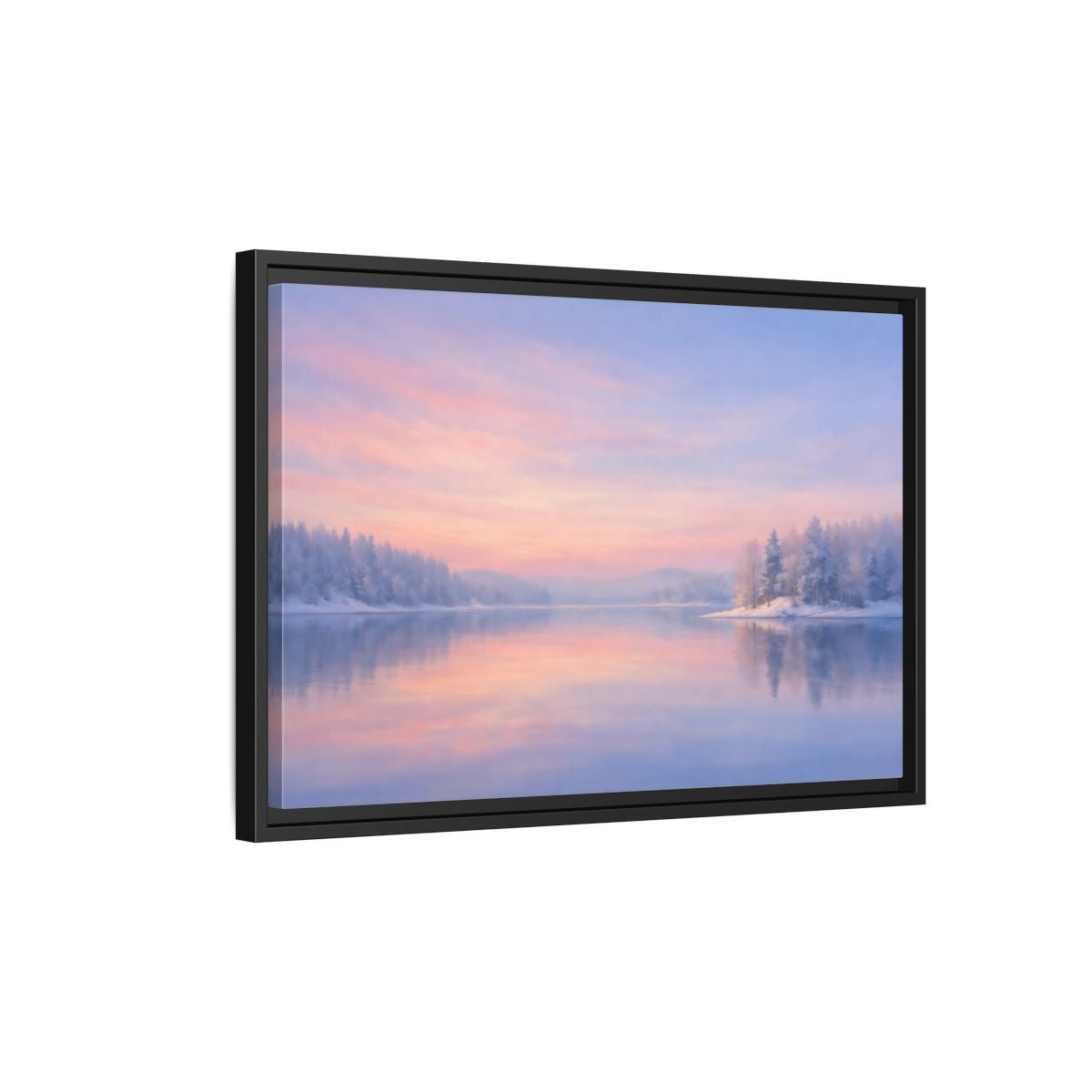 Side Mockup 3. Nature Winter Landscape Pink And Blue shown as stretched canvas wall art
