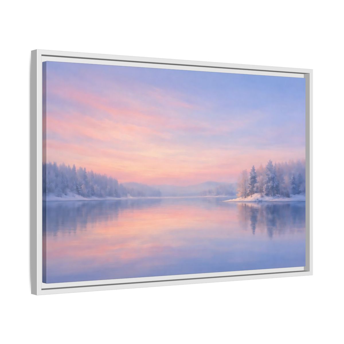 Side Mockup 10. Nature Winter Landscape Pink And Blue shown as stretched canvas wall art