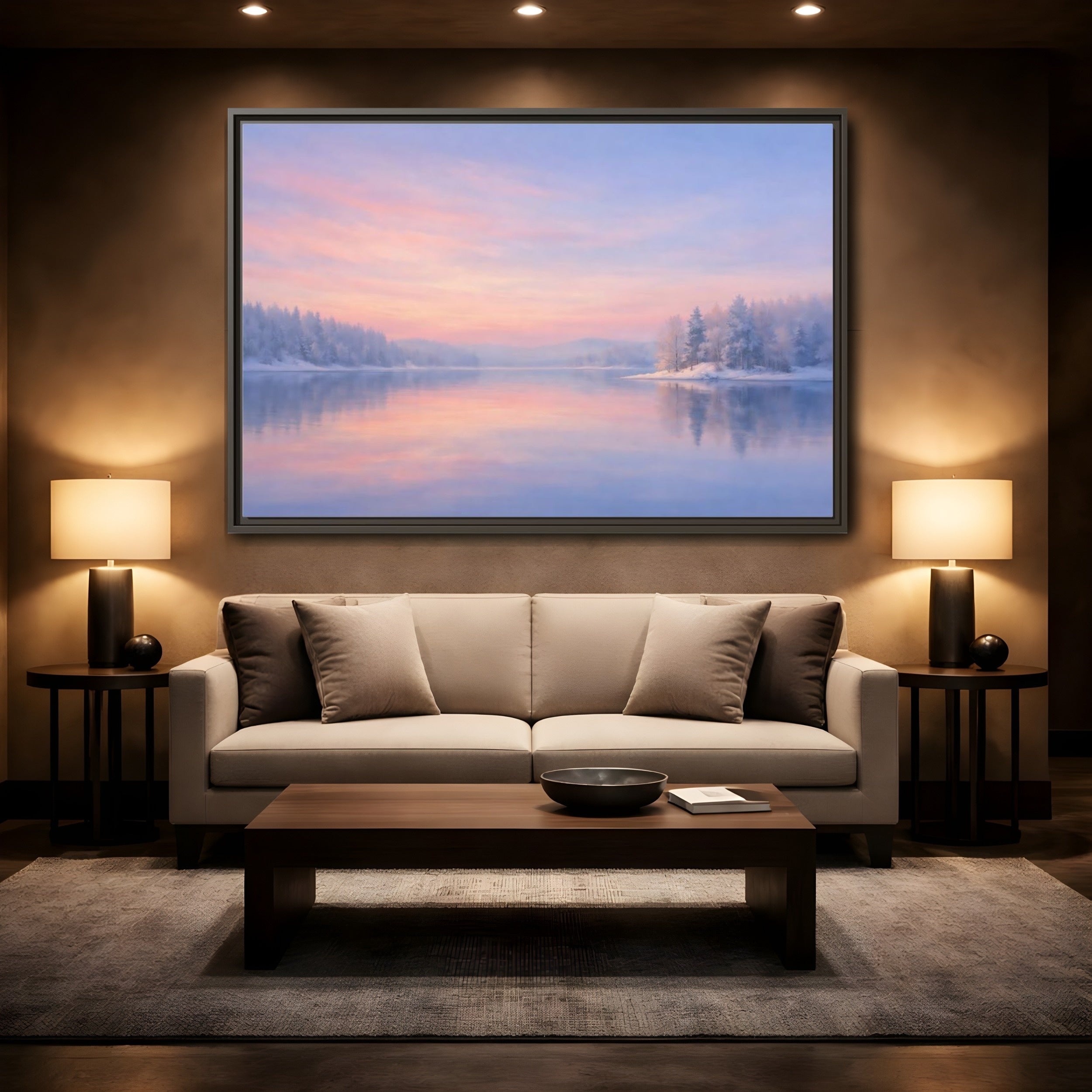 Mockup 2. Nature Winter Landscape Pink And Blue shown as stretched canvas wall art