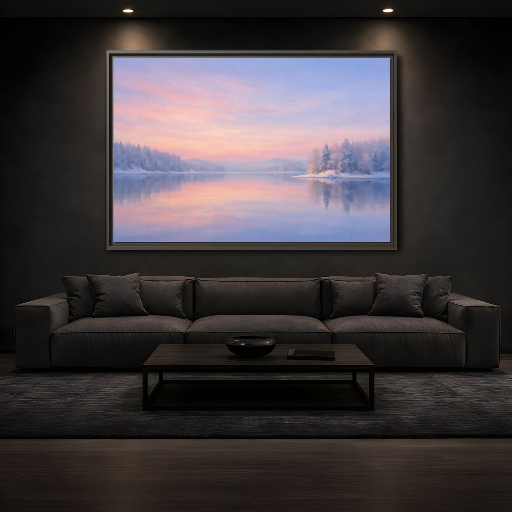 Mockup 3. Nature Winter Landscape Pink And Blue shown as stretched canvas wall art