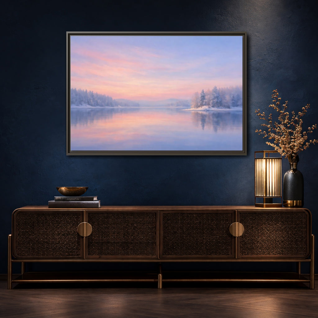 Mockup 4. Nature Winter Landscape Pink And Blue shown as stretched canvas wall art