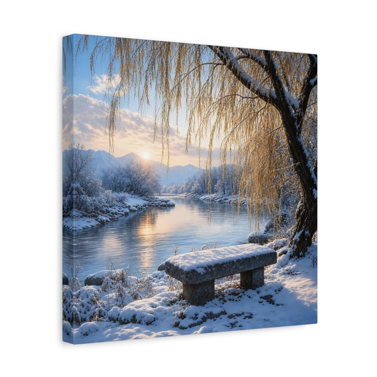 Side Mockup 7. Nature Winter Landscape Winter River Sunset shown as stretched canvas wall art