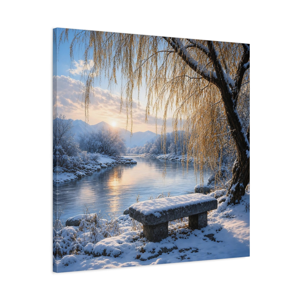 Side Mockup 3. Nature Winter Landscape Winter River Sunset shown as stretched canvas wall art