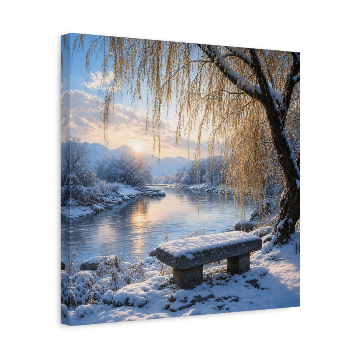 Side Mockup 6. Nature Winter Landscape Winter River Sunset shown as stretched canvas wall art