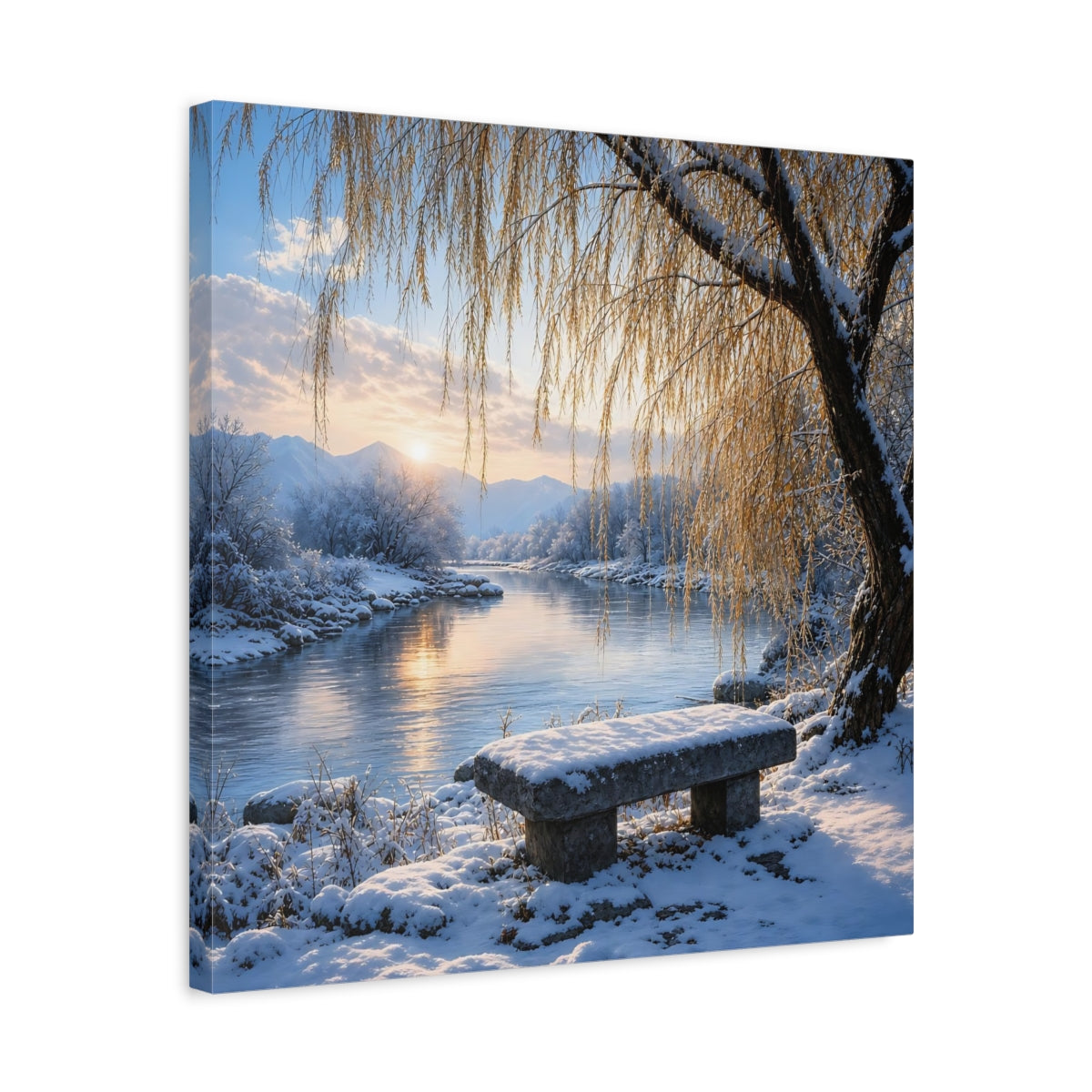 Side Mockup 5. Nature Winter Landscape Winter River Sunset shown as stretched canvas wall art