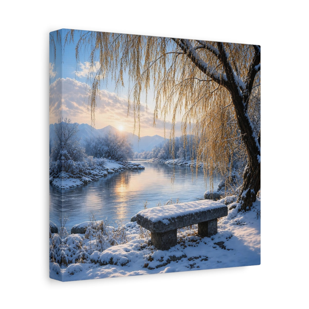 Side Mockup 9. Nature Winter Landscape Winter River Sunset shown as stretched canvas wall art
