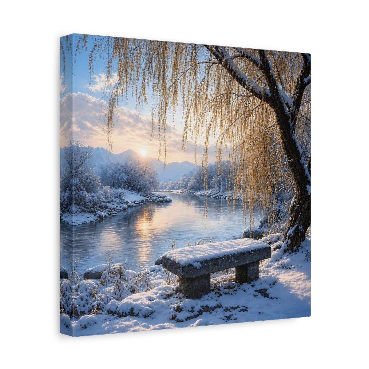 Side Mockup 8. Nature Winter Landscape Winter River Sunset shown as stretched canvas wall art