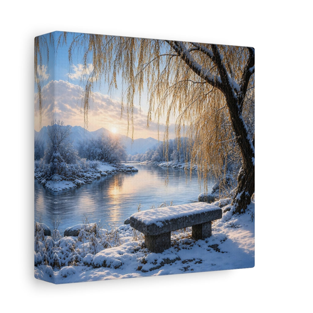 Side Mockup 2. Nature Winter Landscape Winter River Sunset shown as stretched canvas wall art