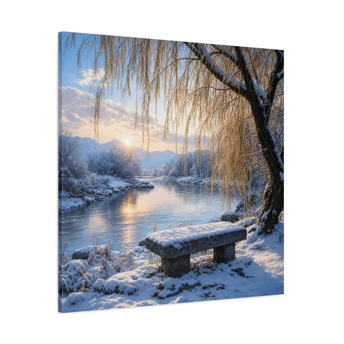 Side Mockup 1. Nature Winter Landscape Winter River Sunset shown as stretched canvas wall art