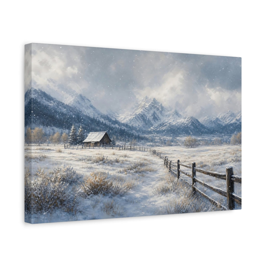 Side Mockup 4. Nature Winter Landscape Winter Snow Cabin shown as stretched canvas wall art