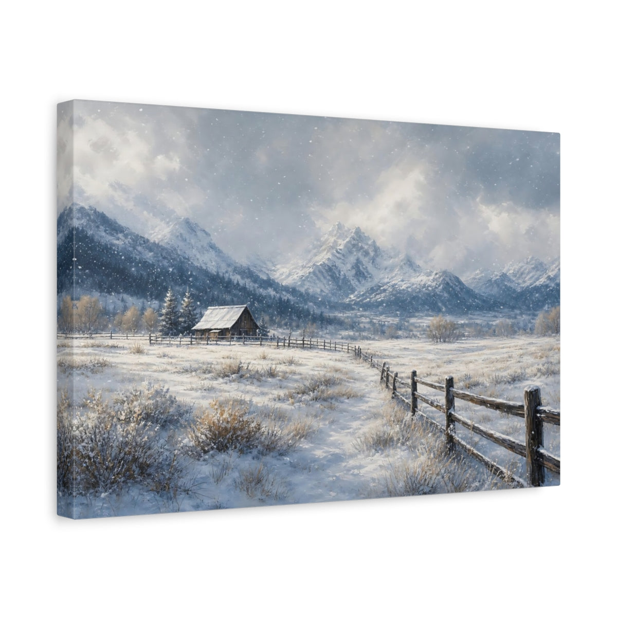 Side Mockup 4. Nature Winter Landscape Winter Snow Cabin shown as stretched canvas wall art