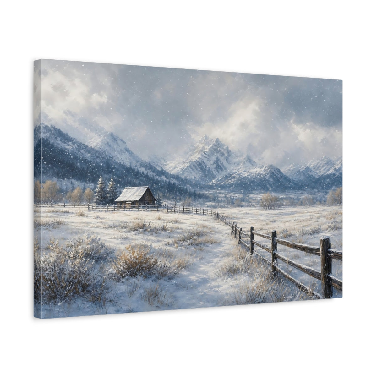 Side Mockup 3. Nature Winter Landscape Winter Snow Cabin shown as stretched canvas wall art