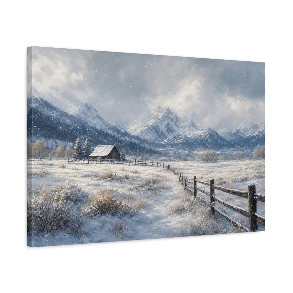 Side Mockup 2. Nature Winter Landscape Winter Snow Cabin shown as stretched canvas wall art